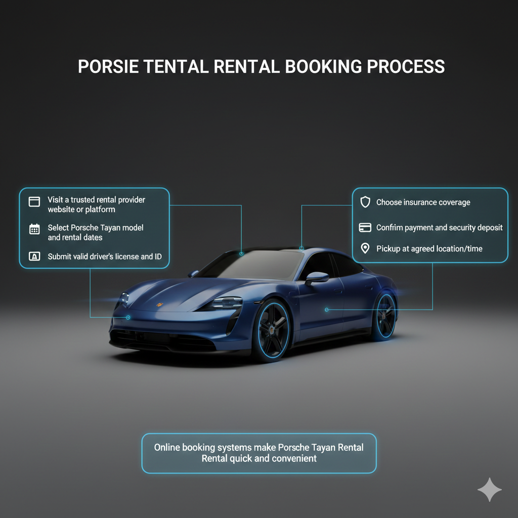 User guide style image showing Porsche Taycan in the center with animated effects, dynamic title at the top, and booking process bullet points on both sides.
