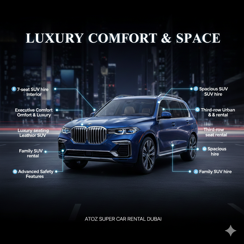 Luxury Comfort & Space BMW X7 user guide image showing a premium BMW X7 SUV in the center with key points on sides: 7-seat SUV hire, Luxury seating, Leather interior SUV, Family SUV rental, Spacious SUV hire, Third-row seat rental.
