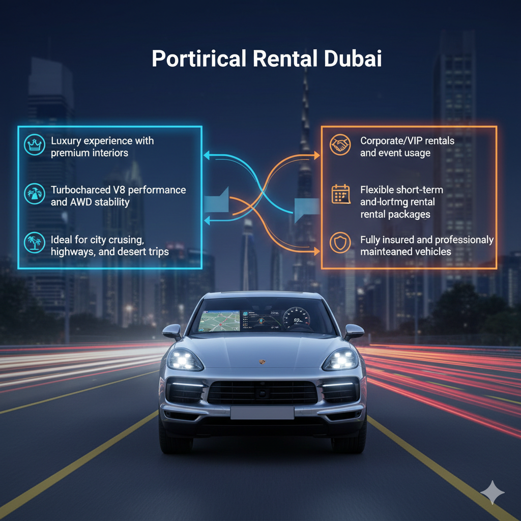 "Infographic showing Porsche Cayenne Turbo rental in Dubai, central car with glowing headlights and dashboard, rental features and highlights displayed on sides, title on top."