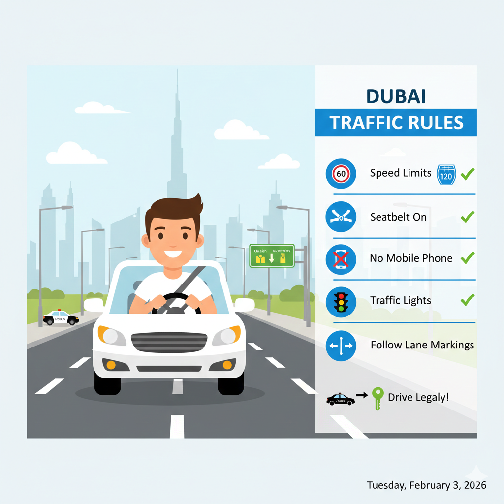 Visual of a tourist driving in Dubai with icons for speed limits, seatbelt, no mobile phone, traffic lights, and lanes, emphasizing compliance with traffic rules under tourist driving laws