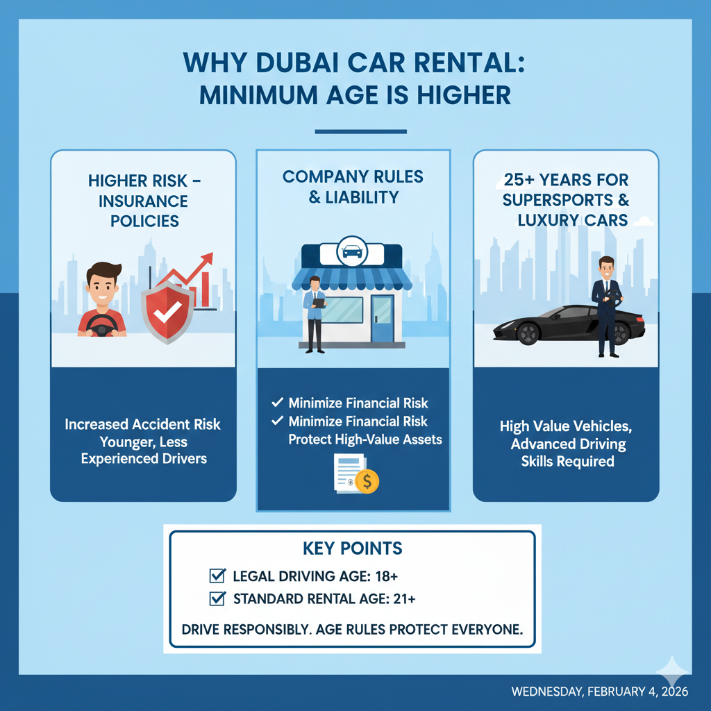 Infographic showing insurance risk, rental company rules, and higher age requirement for luxury cars in Dubai car rentals