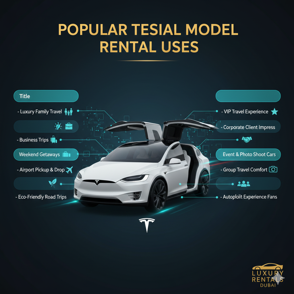 Popular Tesla Model X Rental Uses – User Guide Illustration Luxury infographic-style user guide showing Tesla Model X in the center with title at the top and side spaces for popular rental uses including Luxury Family Travel, Business Trips, Weekend Getaways, Airport Pickup, Eco-Friendly Road Trips, VIP Travel, Corporate Client Impress, Event & Photo Shoot Cars, Group Travel, and Autopilot Experience Fans.