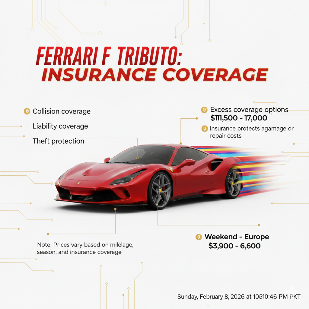 "Ferrari F8 Tributo Rental Insurance – User Guide Visual" "Animated high-resolution user guide image showing the title 'Ferrari F8 Tributo Rental Insurance' at the top, a central Ferrari F8 Tributo illustration, and side bullet points listing collision, liability, theft, and excess coverage details."