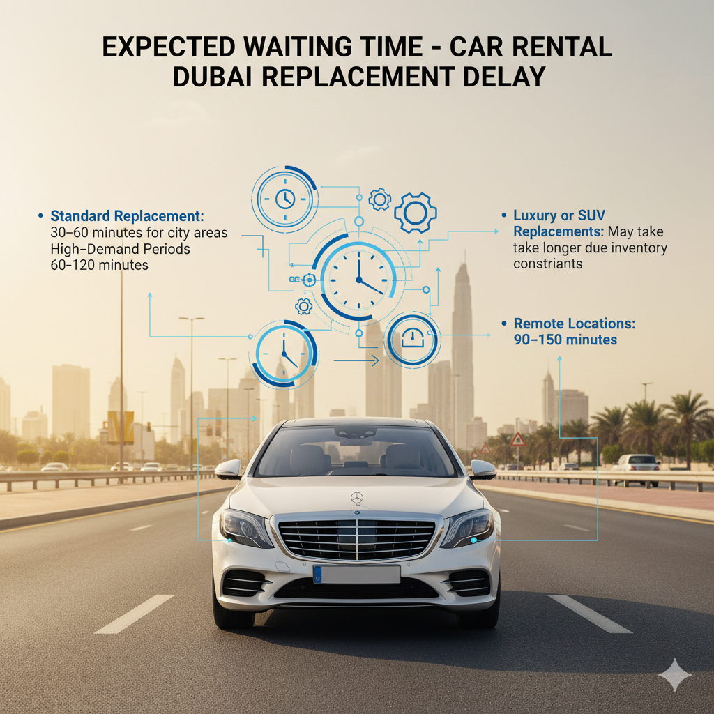 Visual guide showing expected waiting times for car rental replacement in Dubai, featuring luxury vehicle with clock/progress indicators and side bullet points.