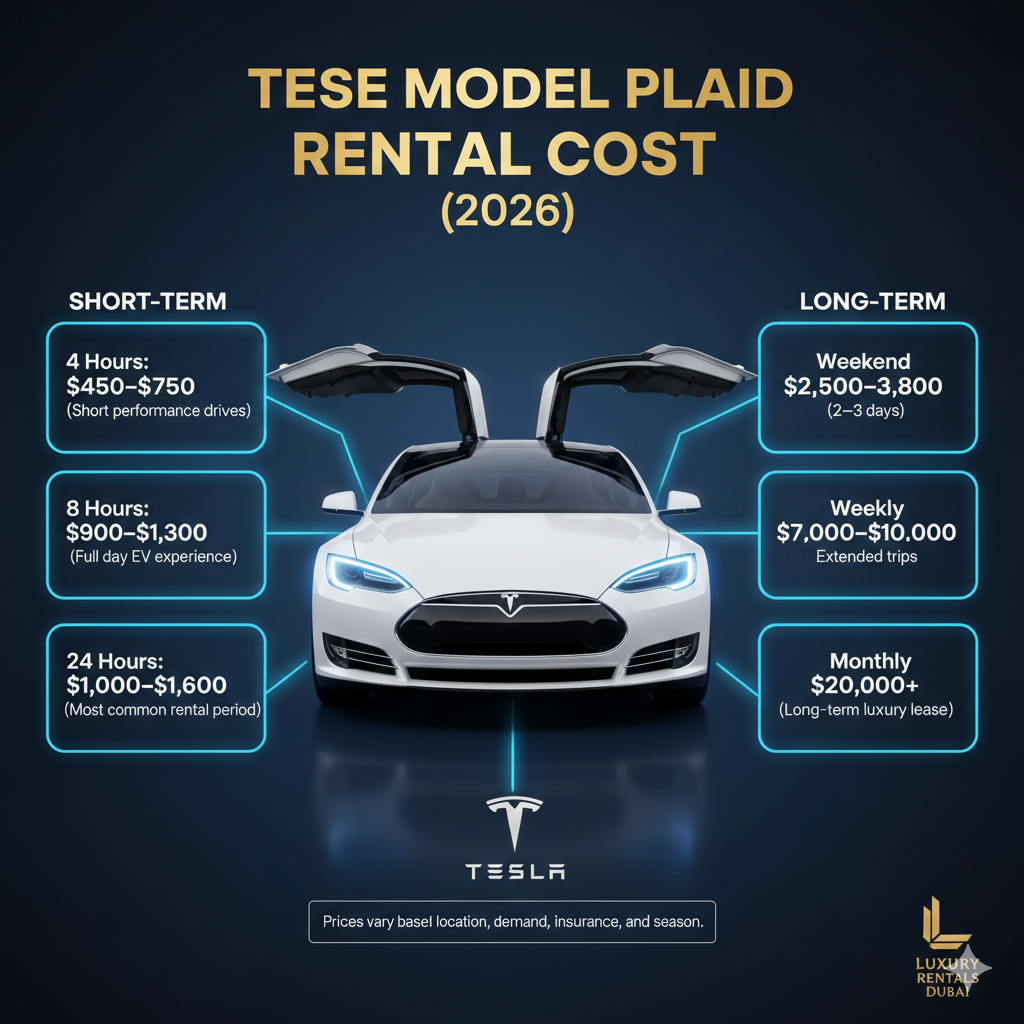 Luxury infographic-style user guide showing Tesla Model S Plaid in the center with title at the top and side spaces for rental cost details including 4 Hours $450–$750, 8 Hours $900–$1,300, 24 Hours $1,000–$1,600, Weekend $2,500–$3,800, Weekly $7,000–$10,000, and Monthly $20,000+ with note about price variation.
