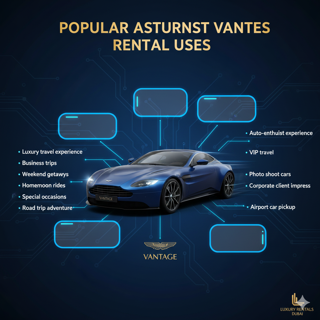 Infographic-style user guide showing Aston Martin Vantage in the center with title at the top and side spaces for popular rental uses such as luxury travel, business trips, weekend getaways, honeymoon rides, VIP travel, and corporate client impress.
