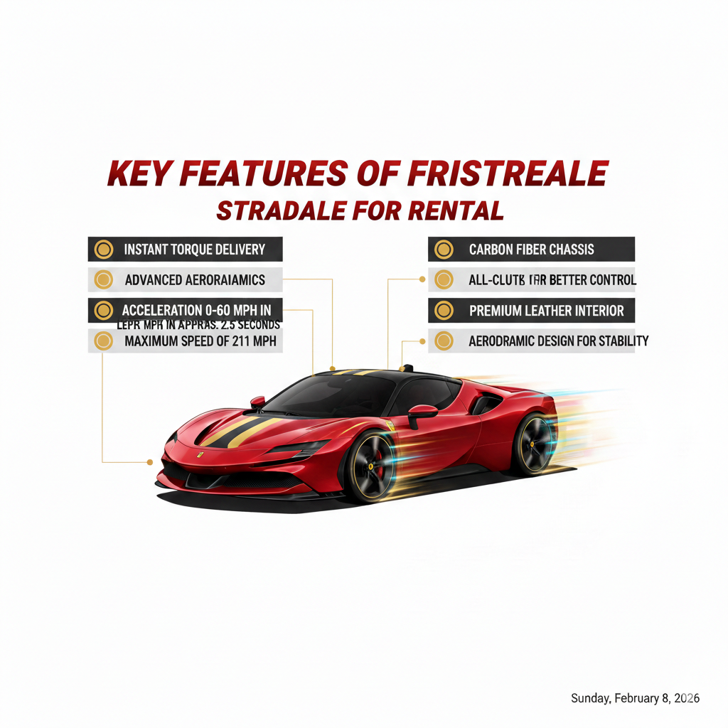 "Ferrari SF90 Stradale Rental – Key Features User Guide" "Animated high-resolution user guide image showing the Ferrari SF90 Stradale in the center, with the title 'Key Features of Ferrari SF90 Stradale for Rental' at the top and bullet points on the sides highlighting hybrid engine, acceleration, top speed, all-wheel drive, luxury interior, and aerodynamic design."