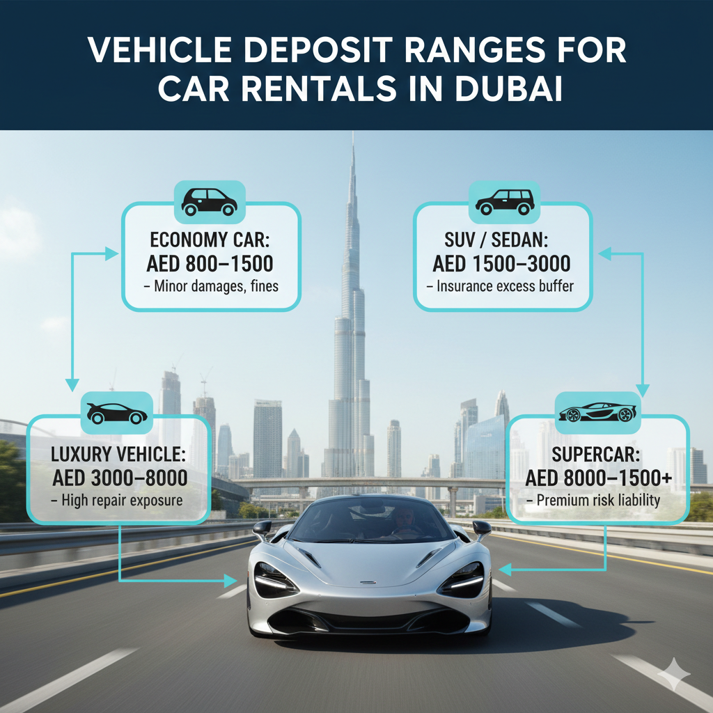 “Animated user guide image showing vehicle deposit ranges for Dubai car rentals, featuring a luxury car in the center, and key points for economy, SUV, luxury, and supercars displayed on the sides with deposit amounts and risk coverage.”