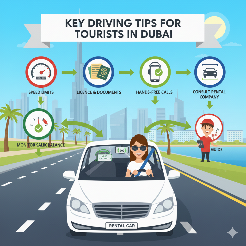 Practical Tips for Tourists Driving in Dubai “Tourist driving a rental car in Dubai with icons for speed limits, documents, hands-free phone, petrol gauge, Salik toll, and rental guidance, infographic style user guide for tourist driving laws Dubai compliance.”