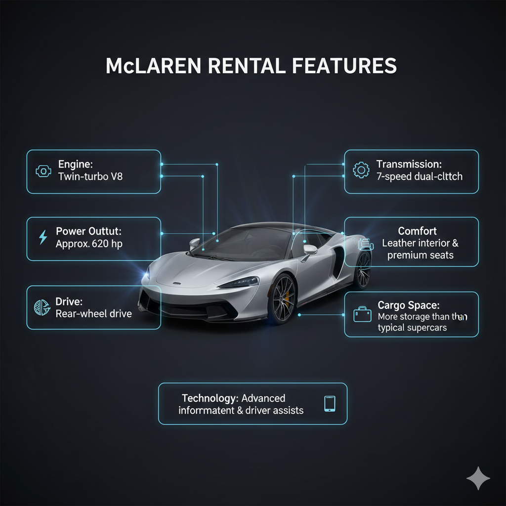 User guide style image showing McLaren GT in the center with animated effects, dynamic title at the top, and feature bullet points on both sides.
