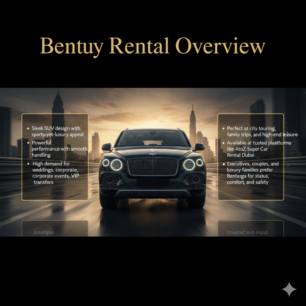 Bentley Bentayga rental infographic showing luxury SUV design, performance, high-demand use cases, and family/executive preference in cinematic Dubai editorial layout.