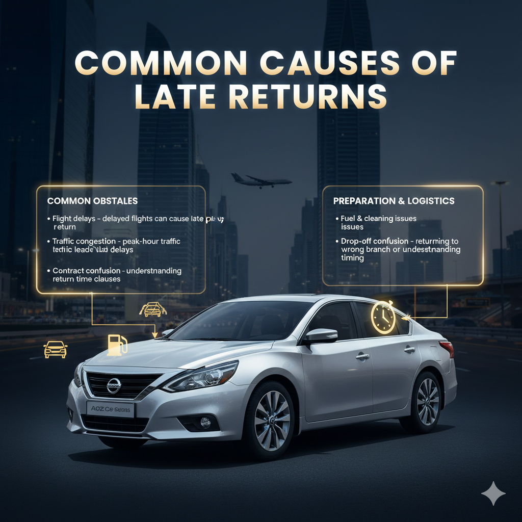 Infographic image showing a premium rental vehicle in Dubai with side panels listing common causes of late returns, including flight delays, traffic congestion, contract confusion, fuel and cleaning issues, and drop-off errors.