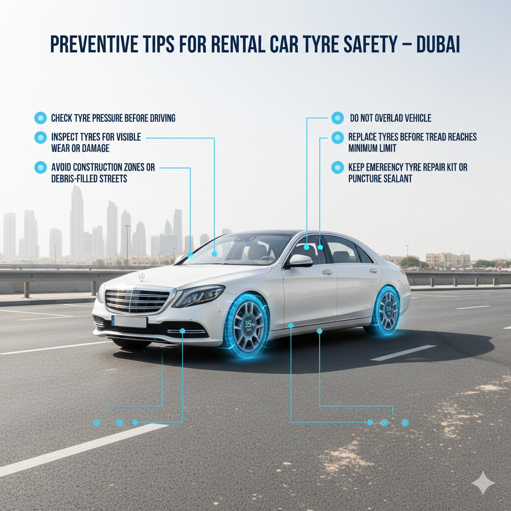 Preventive Tips for Rental Car Tyre Safety – Dubai Guide Visual guide showing preventive tips for rental car tyre safety in Dubai with luxury vehicle, highlighted tyres, and side bullet points for maintenance and safety actions.