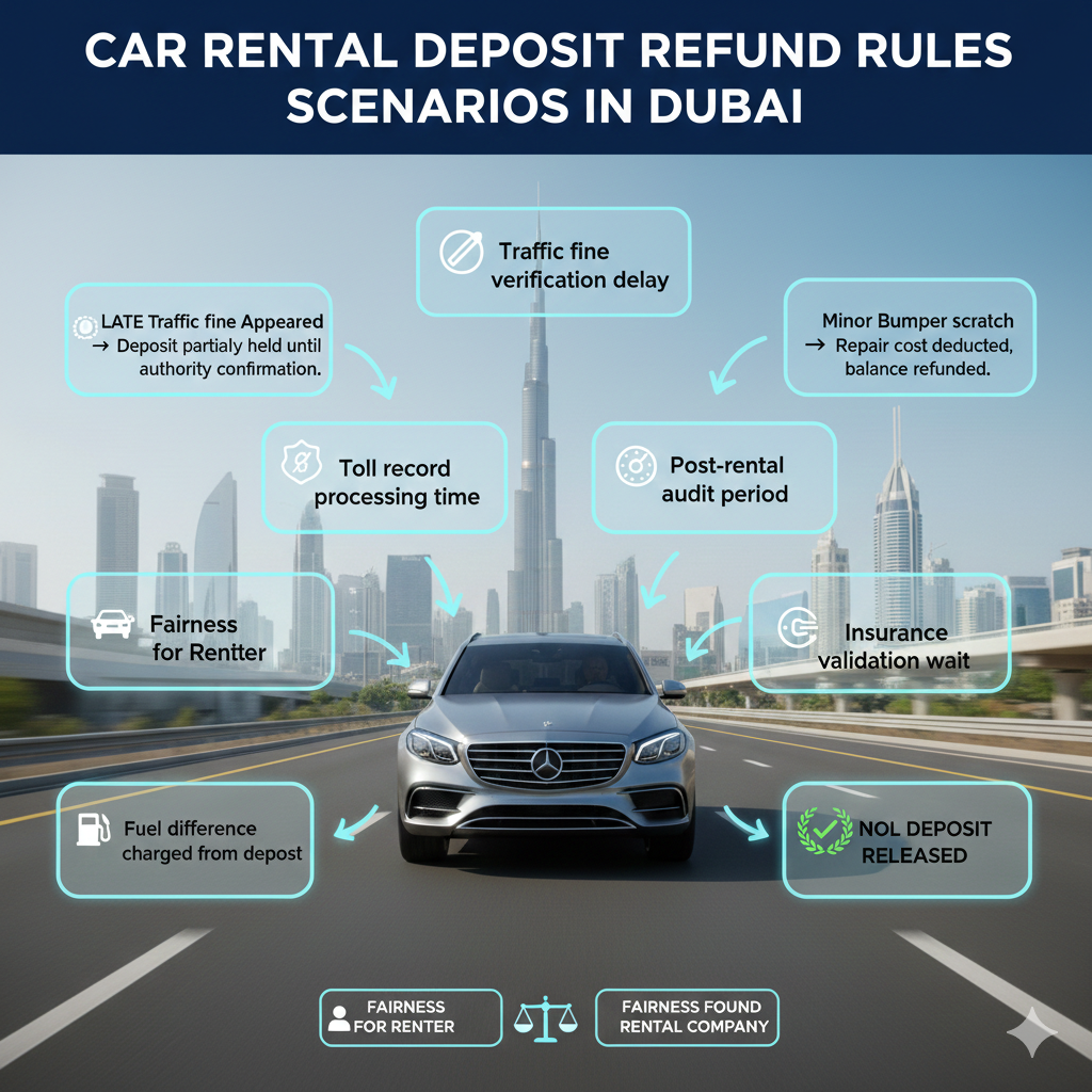“Animated user guide showing car rental deposit refund scenarios in Dubai, with a luxury car in the center and side points for late fines, minor damage, fuel shortage, and clean return with outcomes, illustrating fair deposit handling.”