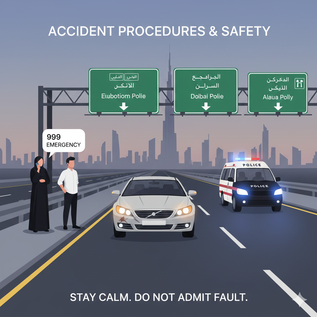 Illustration of a car accident in Dubai showing stopped vehicle with hazard lights, driver calling 999, and police and ambulance arriving, demonstrating immediate steps after a major accident.