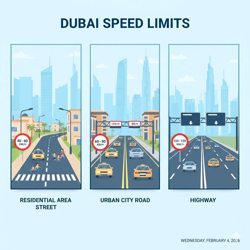 Infographic explaining Dubai residential, urban, and highway speed limits for drivers