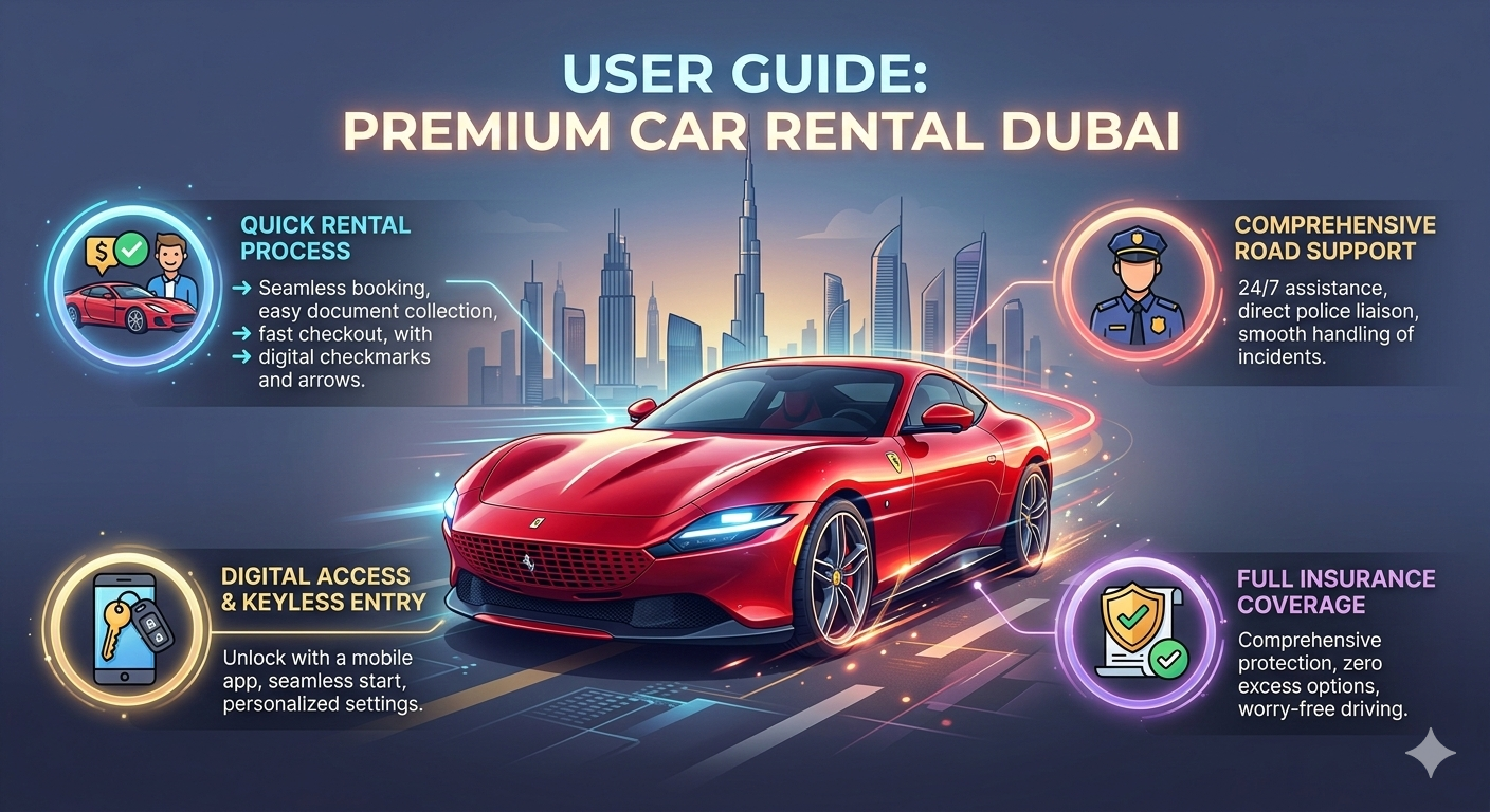 "User guide infographic showing a premium sports car with a top title, key points on both sides, and animated infographic styling with Dubai skyline in the background."