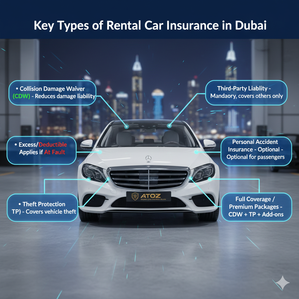 Key Types of Rental Car Insurance in Dubai – 2026 User Guide Infographic-style image showing luxury rental car with AtoZ Super Car Rental Dubai branding and key insurance types: CDW, TP, third-party liability, personal accident, and full coverage packages.