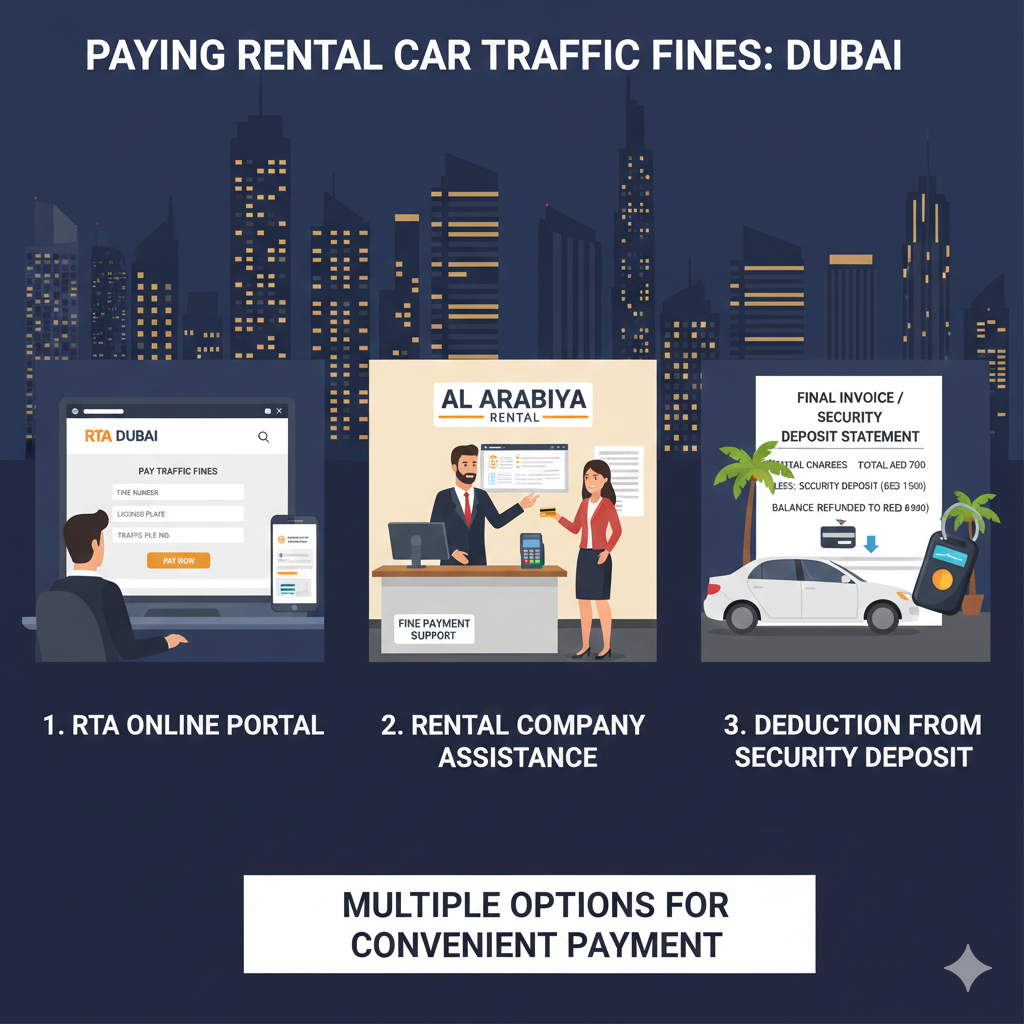 Paying Traffic Fines for Rental Cars Dubai 2026 – Feature Image Illustration of a driver paying a traffic fine online via RTA portal, a rental company assisting with payment, and fines being deducted from a security deposit, with Dubai streets and traffic signs in the background.