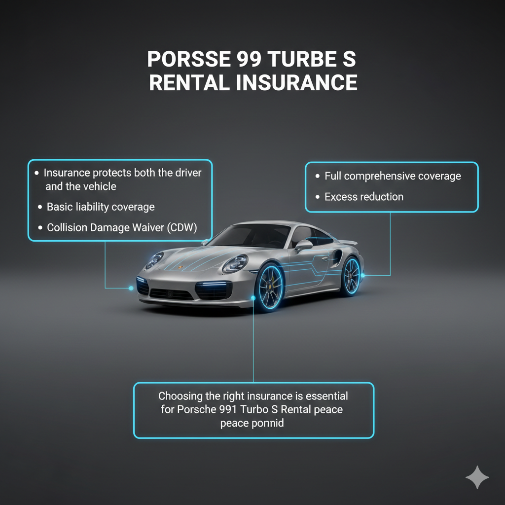 User guide style image showing Porsche 911 Turbo S in the center with animated effects, dynamic title at the top, and insurance options bullet points on both sides.
