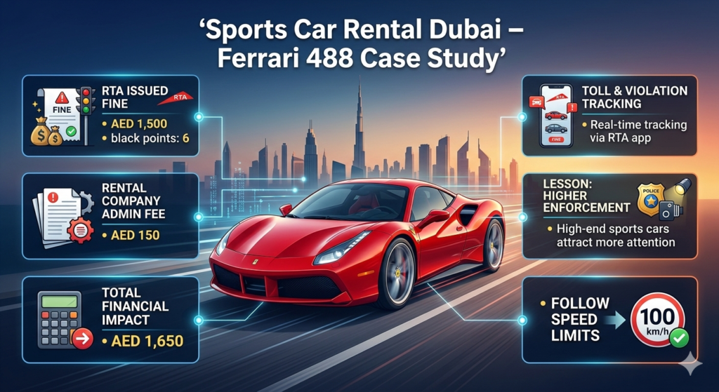"Animated user guide infographic showing a red Ferrari 488 in the center with top title 'Sports Car Rental Dubai – Ferrari 488 Case Study', key points about fines, black points, admin fees, total financial impact, and lessons on the sides, with Dubai skyline background."