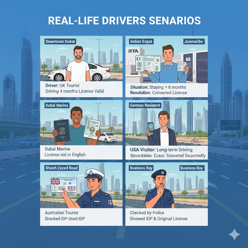 Infographic of real foreign drivers in Dubai with license validity, IDP use, and conversion cases.