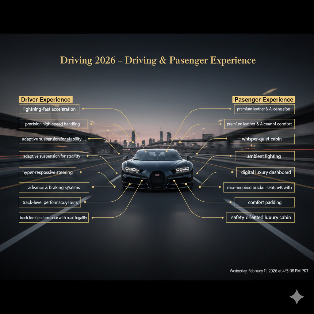 Bugatti Chiron 2026 luxury driving and passenger experience infographic showing performance and comfort features around the hypercar in Dubai