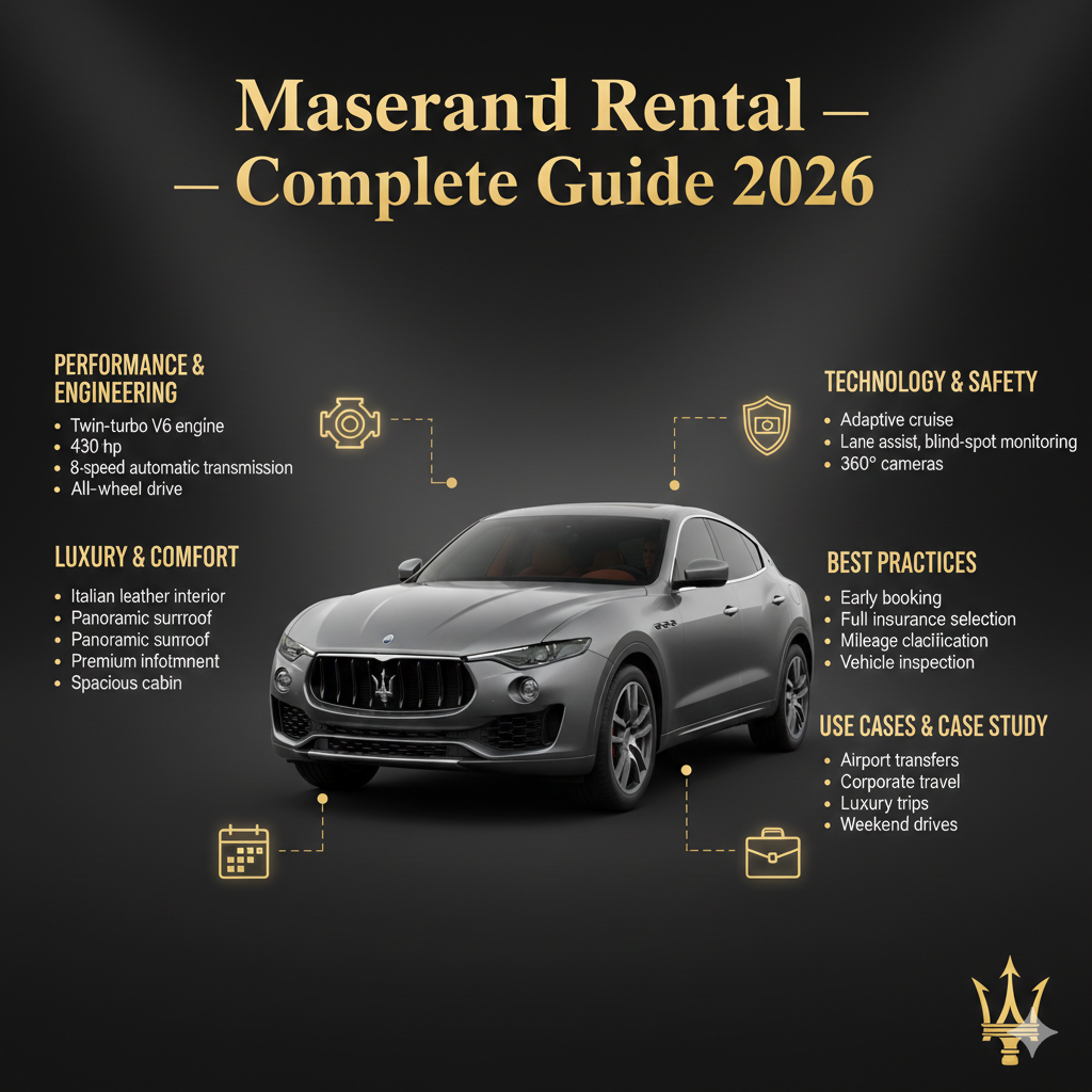 "Infographic for 'Maserati Levante Rental — Complete Guide 2026', showing title at the top, key points on sides, and a central high-quality Maserati Levante image with animated infographic-style icons highlighting performance, comfort, safety, and VIP use."