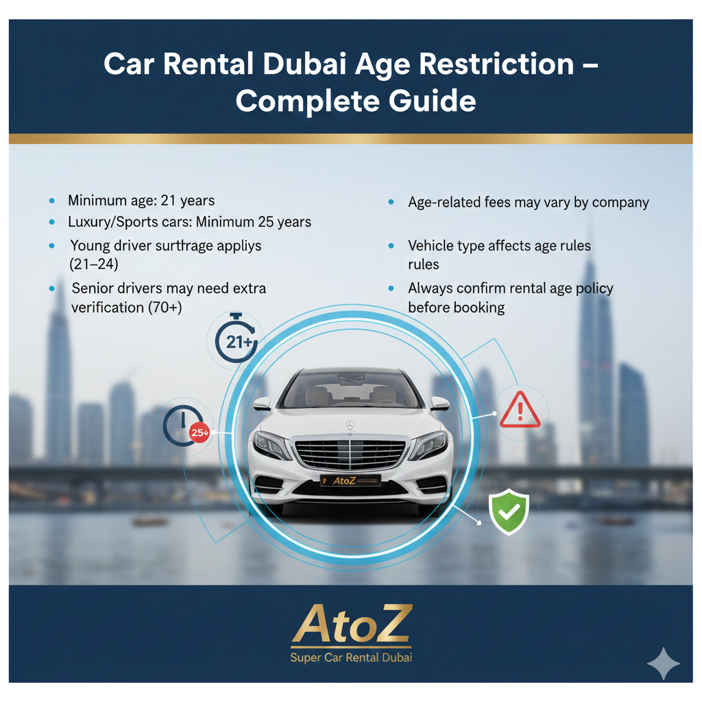 Infographic showing car rental Dubai age restriction rules with minimum and maximum age, surcharges, and verification points around a central luxury rental car.