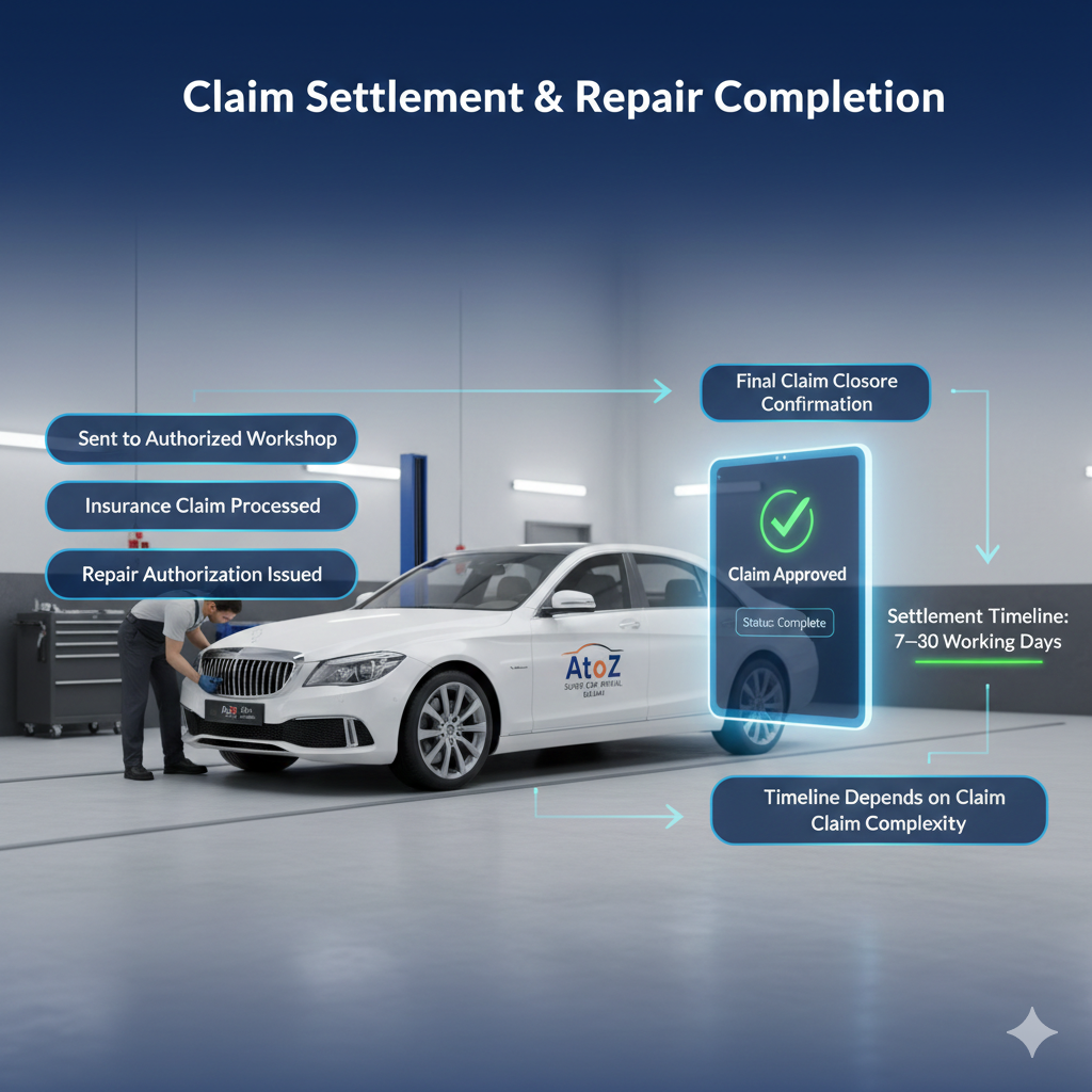 Infographic image showing rental car in authorized Dubai workshop with claim approved status, repair authorization, and 7 to 30 day insurance settlement timeline.