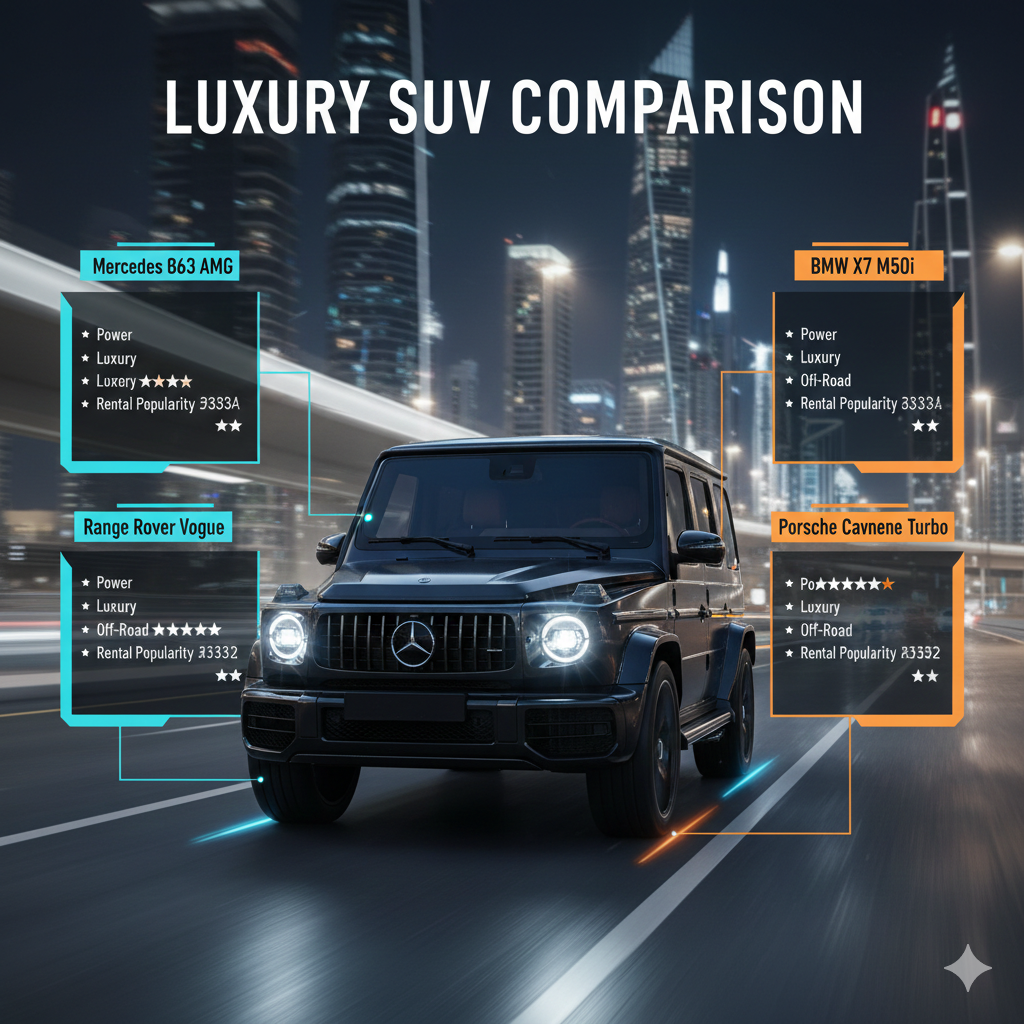 "Mercedes G63 AMG vs Other Luxury SUVs – Rental Comparison" "Feature image comparing Mercedes G63 AMG with other luxury SUVs, title at the top, comparison table on sides, and luxury SUV centered with animated highlights."