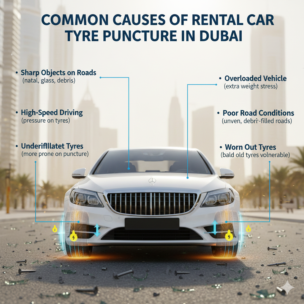 Common Causes of Rental Car Tyre Puncture – Dubai Guide Visual guide showing common causes of rental car tyre puncture in Dubai with luxury vehicle, highlighted tyres, and key points on sides.