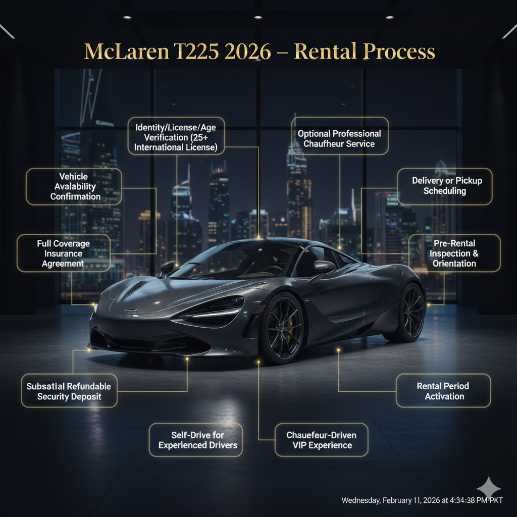 McLaren 720S 2026 rental process infographic showing supercar in center with step-by-step booking and VIP options highlighted