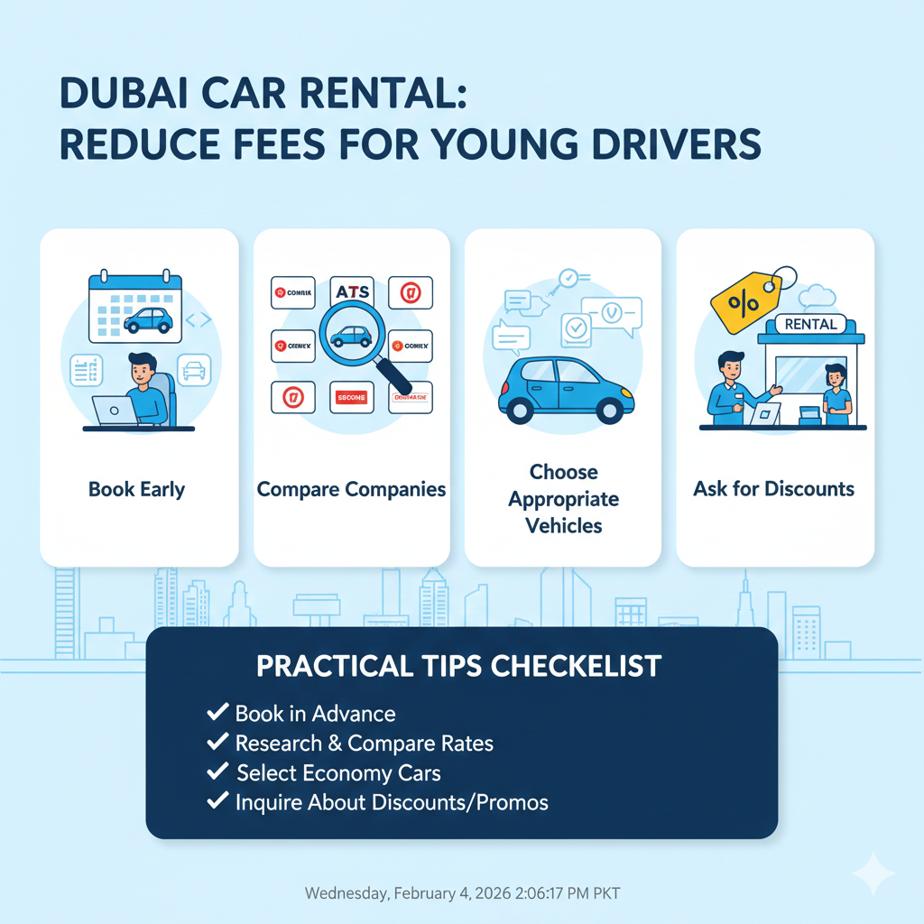 Infographic showing practical tips for Dubai young drivers to minimize extra charges with icons for booking early, comparing companies, choosing economy cars, and discounts