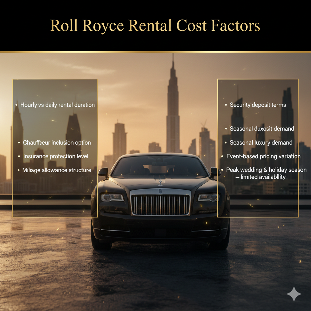 Rolls Royce Wraith rental cost factors infographic showing pricing variables, seasonal demand, and availability in cinematic luxury editorial layout