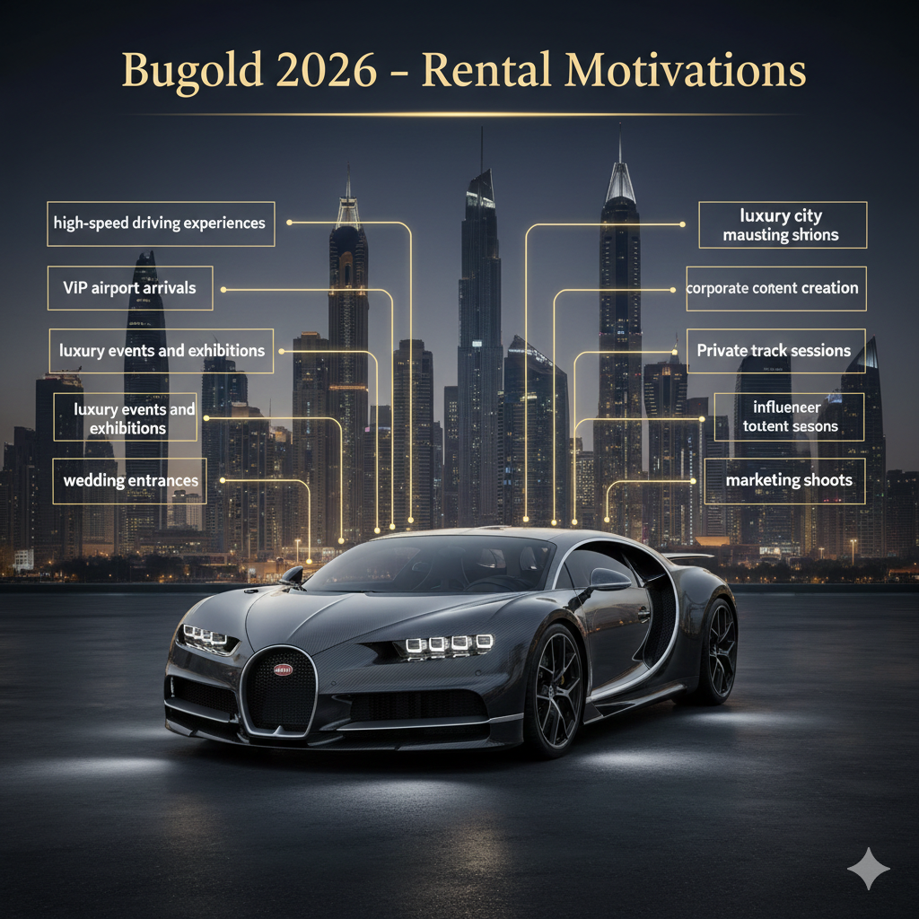 Bugatti Chiron 2026 luxury rental infographic with hypercar in center and key rental motivations highlighted