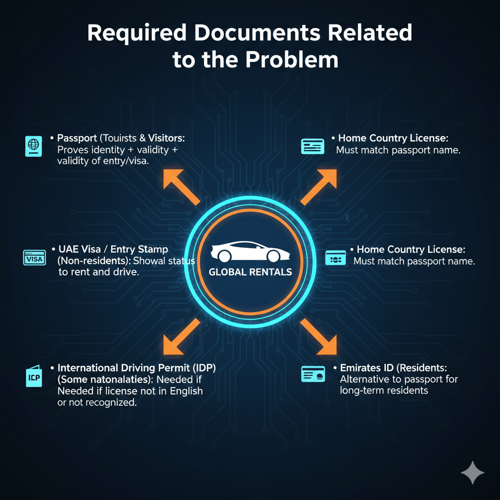 Feature image for user guide titled 'Required Documents Related to the Problem', showing key documents on left and right sides, with a central brand image highlighted using animated infographic elements.