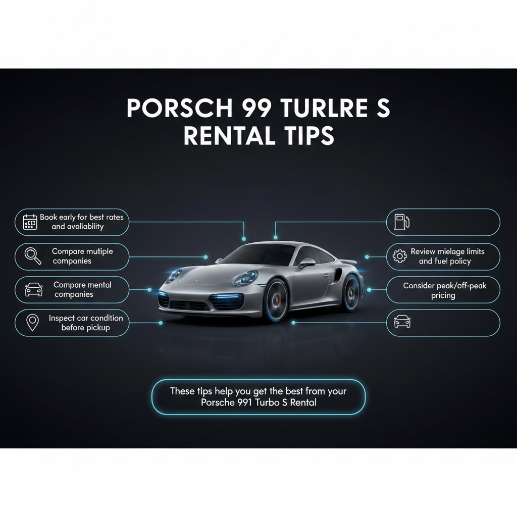 User guide style image showing Porsche 911 Turbo S in the center with animated effects, dynamic title at the top, and rental tips bullet points on both sides.
