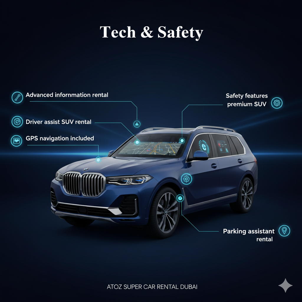 Tech & Safety BMW X7 user guide image showing a premium BMW X7 SUV in the center with dashboard tech and safety features visible, key points displayed on sides: Advanced infotainment rental, Driver assist SUV rental, GPS navigation included, Safety features premium SUV, Parking assistant rental.