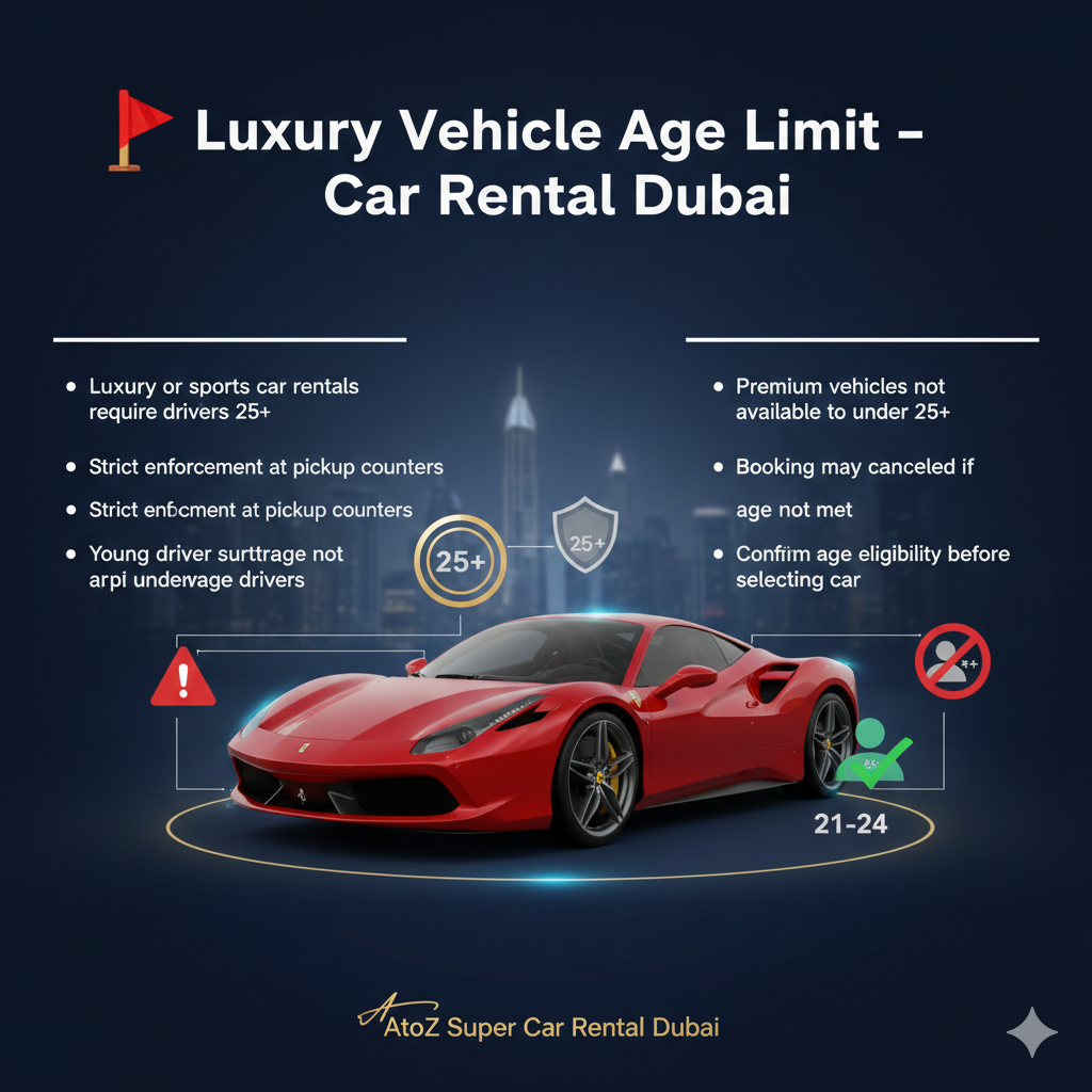 Infographic showing luxury and sports car age restrictions for Dubai rentals, highlighting the 25+ age limit around a central premium vehicle.