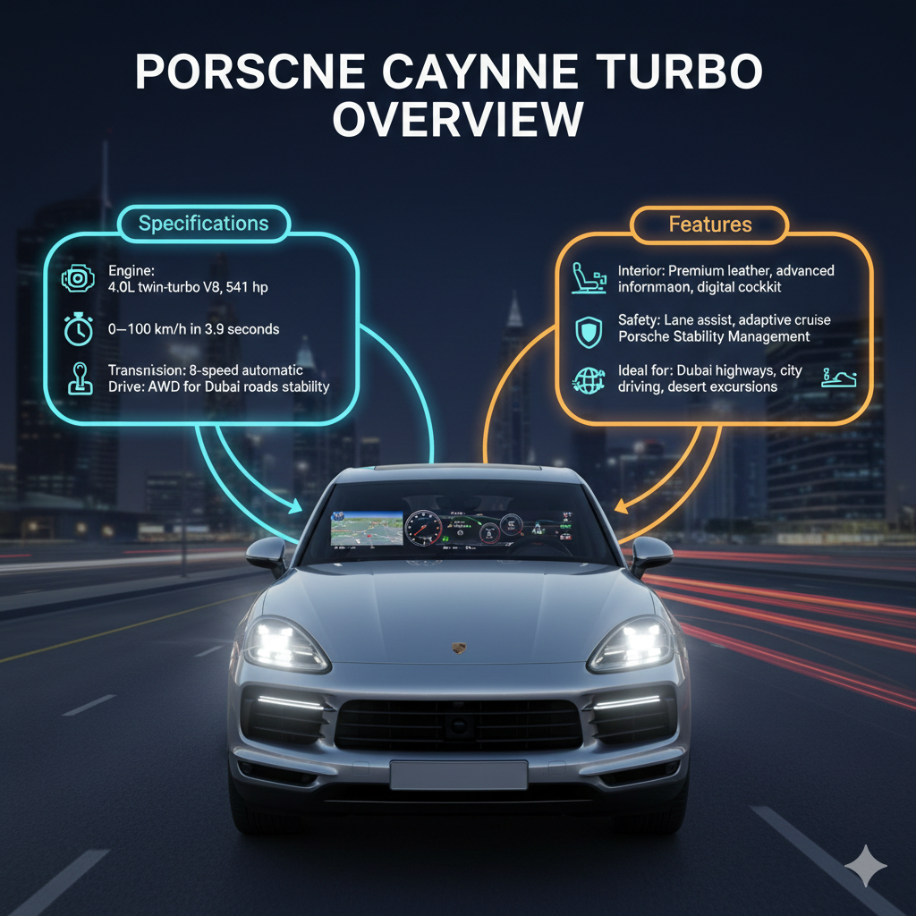 "Infographic showing Porsche Cayenne Turbo overview, central branded car with glowing headlights and digital cockpit, specifications displayed on sides, title on top."