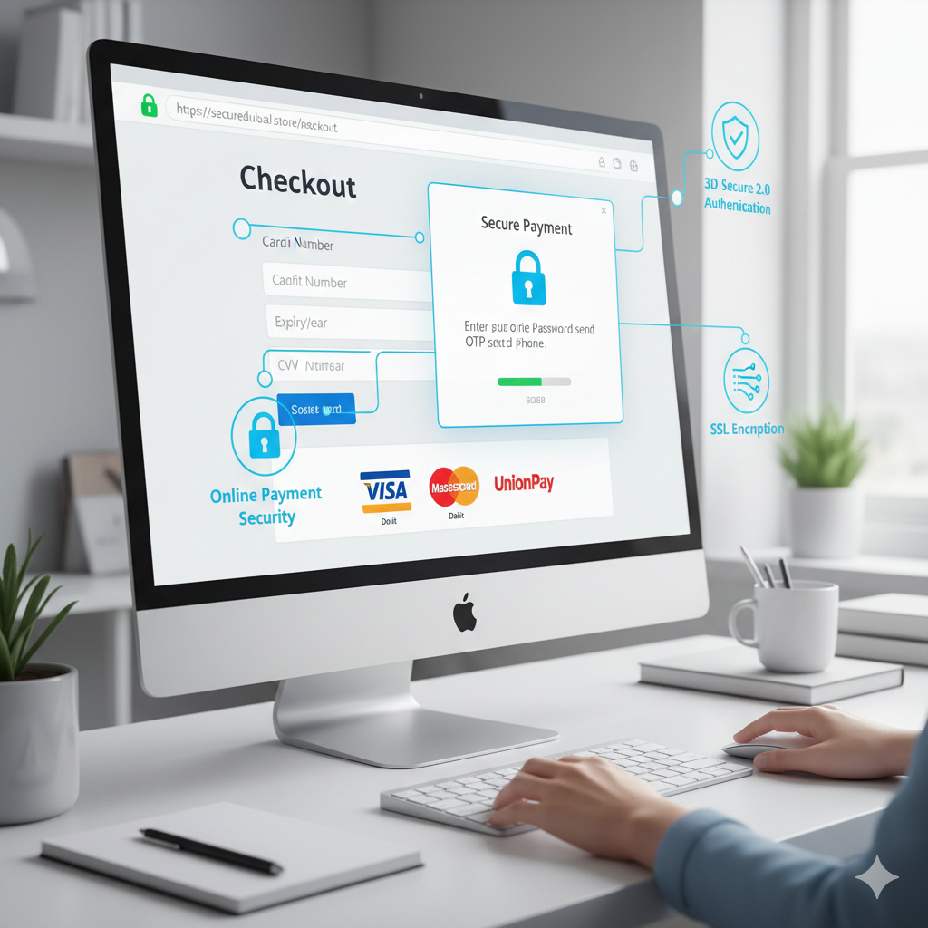 Customer entering debit card details on a Dubai e-commerce site with 3D Secure authentication, SSL encryption, and Visa/Mastercard/UnionPay logos, illustrating online debit card acceptance rules Dubai.