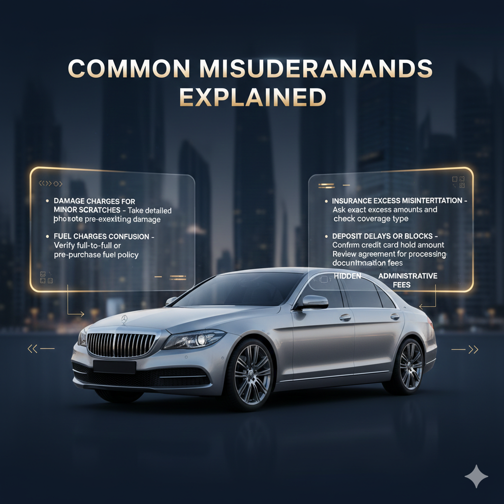 Common Misunderstandings Explained – Dubai Car Rental Guide Infographic image showing a premium rental vehicle with side panels explaining common misunderstandings in Dubai car rentals, including minor damage charges, fuel policy, insurance excess, deposit blocks, and hidden administrative fees.