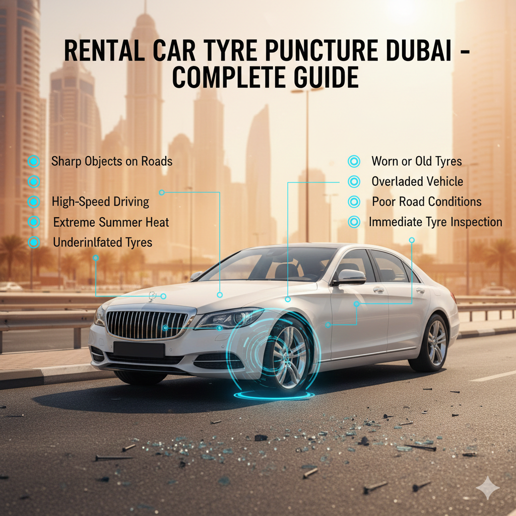 Rental car tyre puncture in Dubai showing luxury vehicle with flat tyre, visible damage, and key points about causes and precautions on sides.
