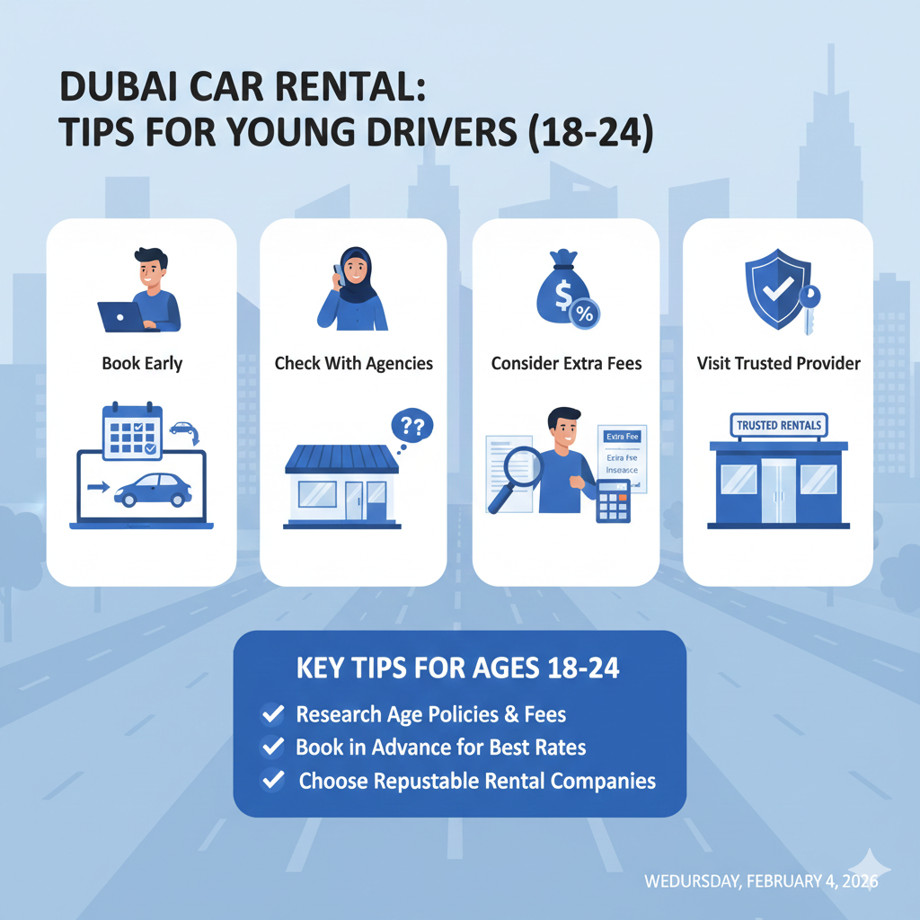 Infographic showing booking tips, agency contact, extra fees, and trusted provider guidance for young drivers renting cars in Dubai