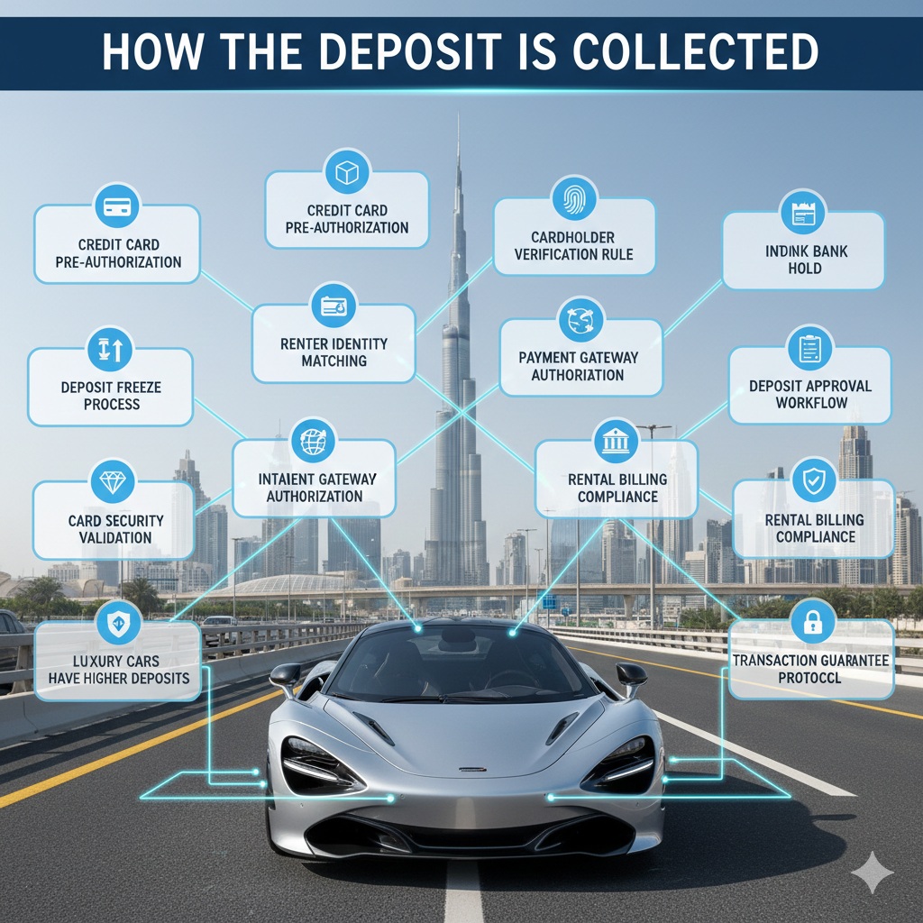 “Animated user guide image showing how car rental deposits are collected, featuring a luxury car in the center and key points such as credit card authorization, deposit freeze, verification, and car category rules displayed on the sides.”