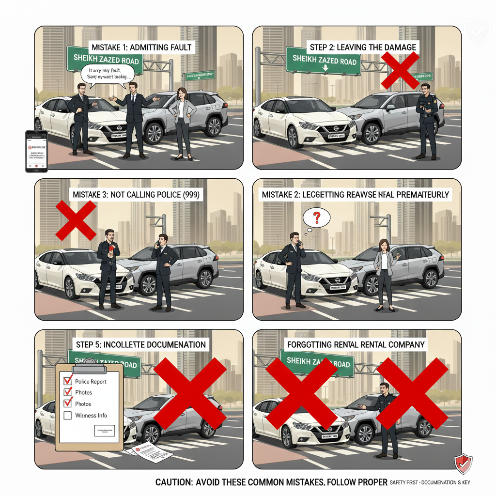 Common Mistakes to Avoid in the Accident Procedure for Rental Car Dubai Visual guide of a driver making mistakes like admitting fault, leaving early, and missing documents during a rental car accident in Dubai, representing common errors in the accident procedure for rental car Dubai.