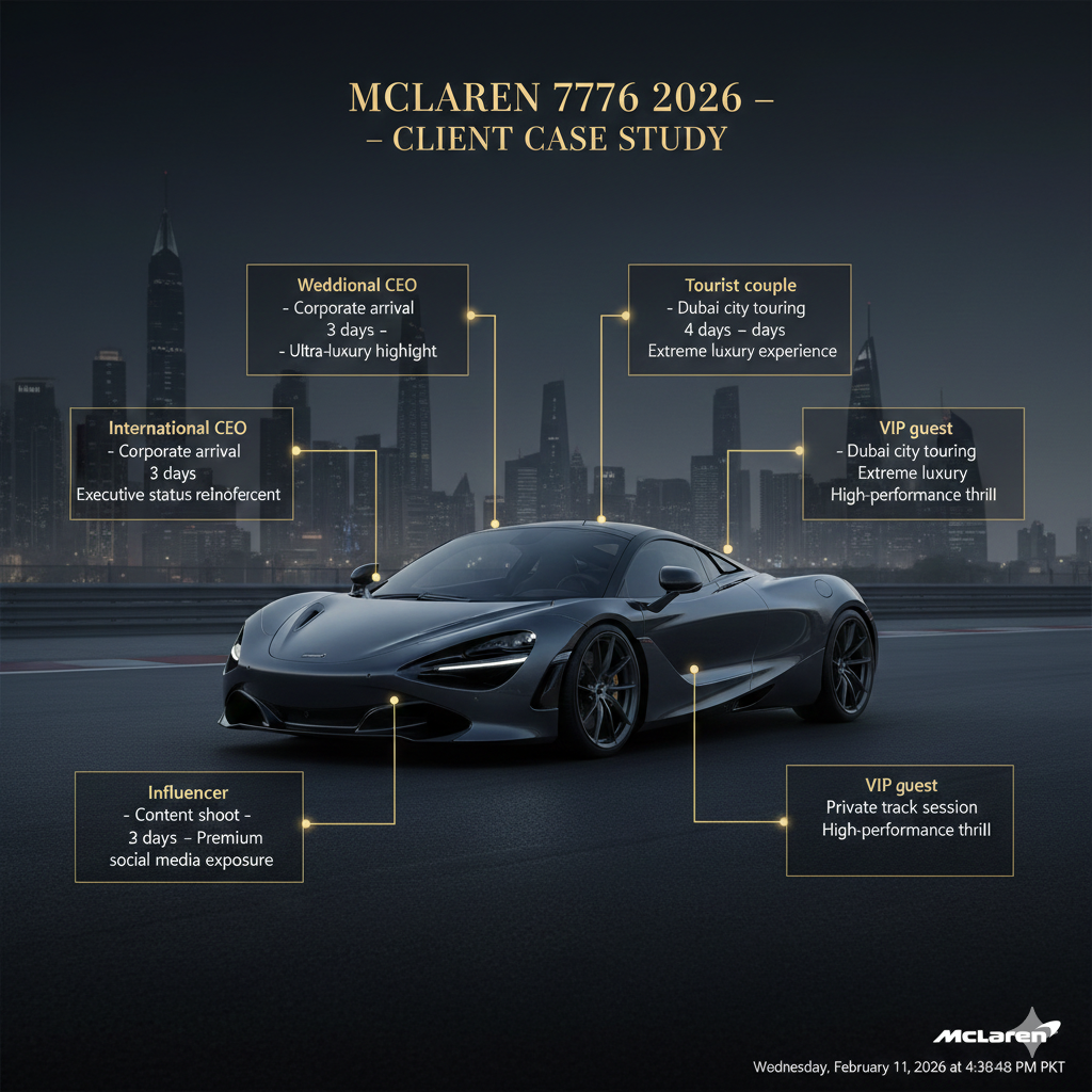 McLaren 720S 2026 luxury rental case study infographic showing client types, purposes, durations, and outcomes around supercar in Dubai