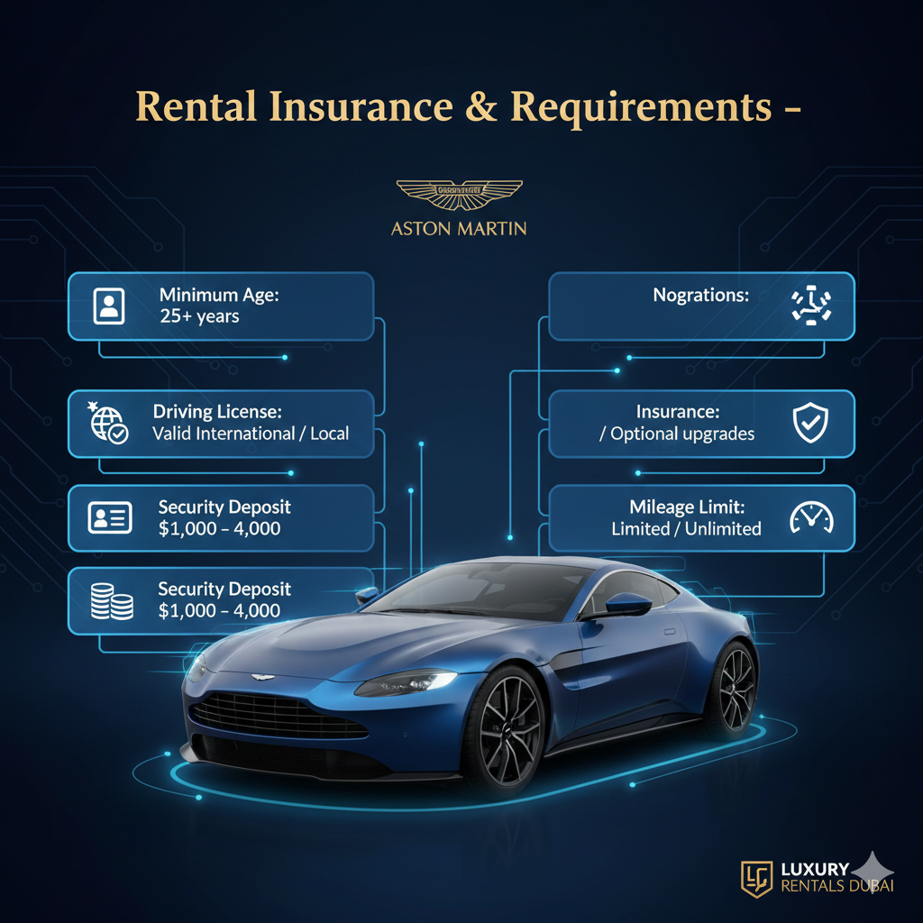 Infographic-style user guide showing Aston Martin Vantage in the center with title at the top and side spaces for rental insurance and requirement points including Minimum Age, Driving License, Security Deposit, Insurance, and Mileage Limit.
