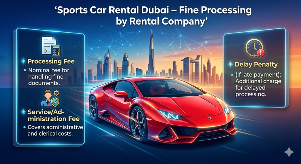 "User guide infographic showing a premium sports car in the center with top title 'Sports Car Rental Dubai – Fine Processing by Rental Company', key points about processing, service, and delay fees on both sides, in animated infographic style with Dubai skyline background."